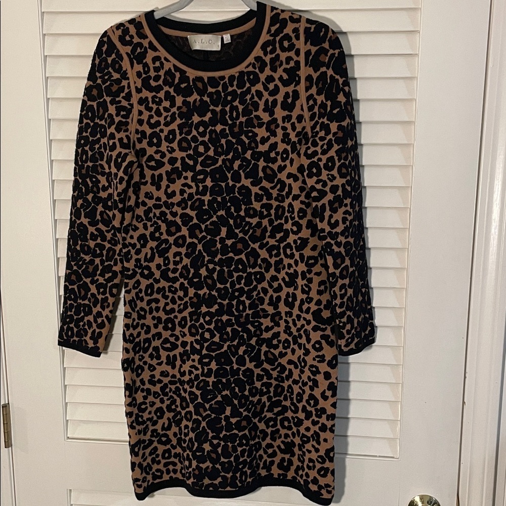 A.L.C. Ran and Black Leopard Print Knit and Flattering Fitted Long Sleeve Dress